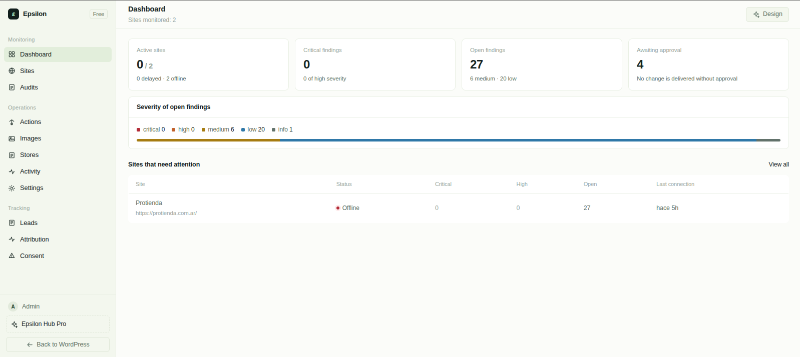 Dashboard de Tendrix Hub: sitios activos, hallazgos críticos y abiertos, pendientes de aprobación, severidad de los hallazgos y sitios que requieren atención.
